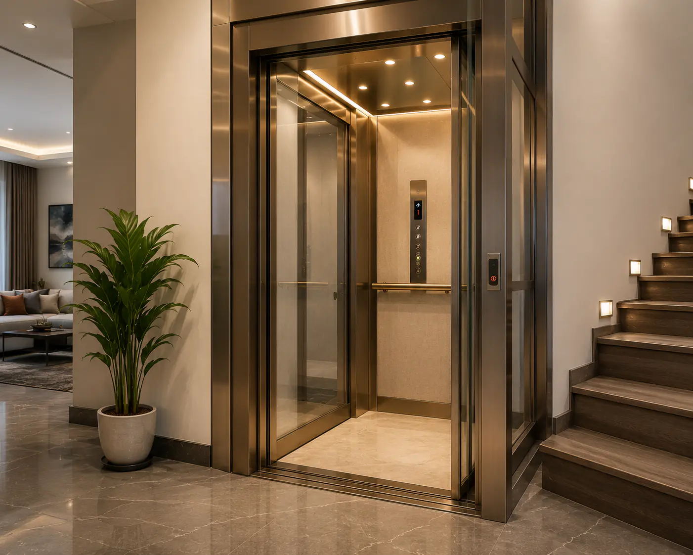 Two storey glass walled elevator shaft beside a staircase, cabin doors open showing the illuminated operating panel and a garden view beyond.