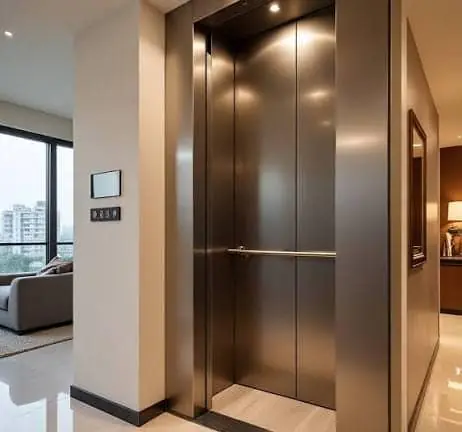 Bronze finish elevator doors in a home hallway, with a wall mounted floor indicator panel beside an adjoining living room.