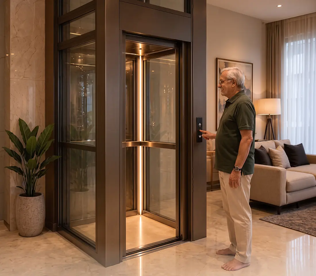 Black marble clad residential foyer with open glass elevator doors revealing a mirrored, gold lit cabin interior next to a wooden entry door.