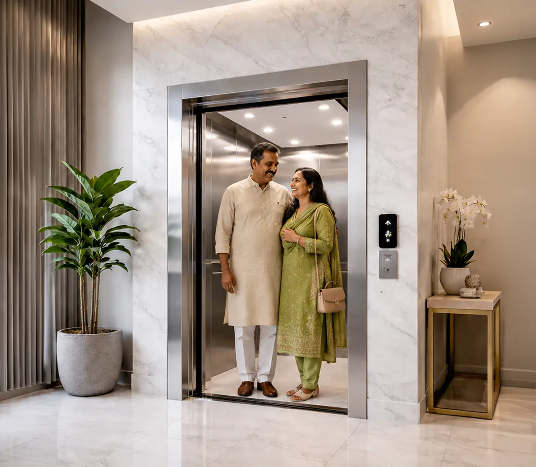 Residential low rise apartment lift lobby, ASCENT cabin, warm interior finish