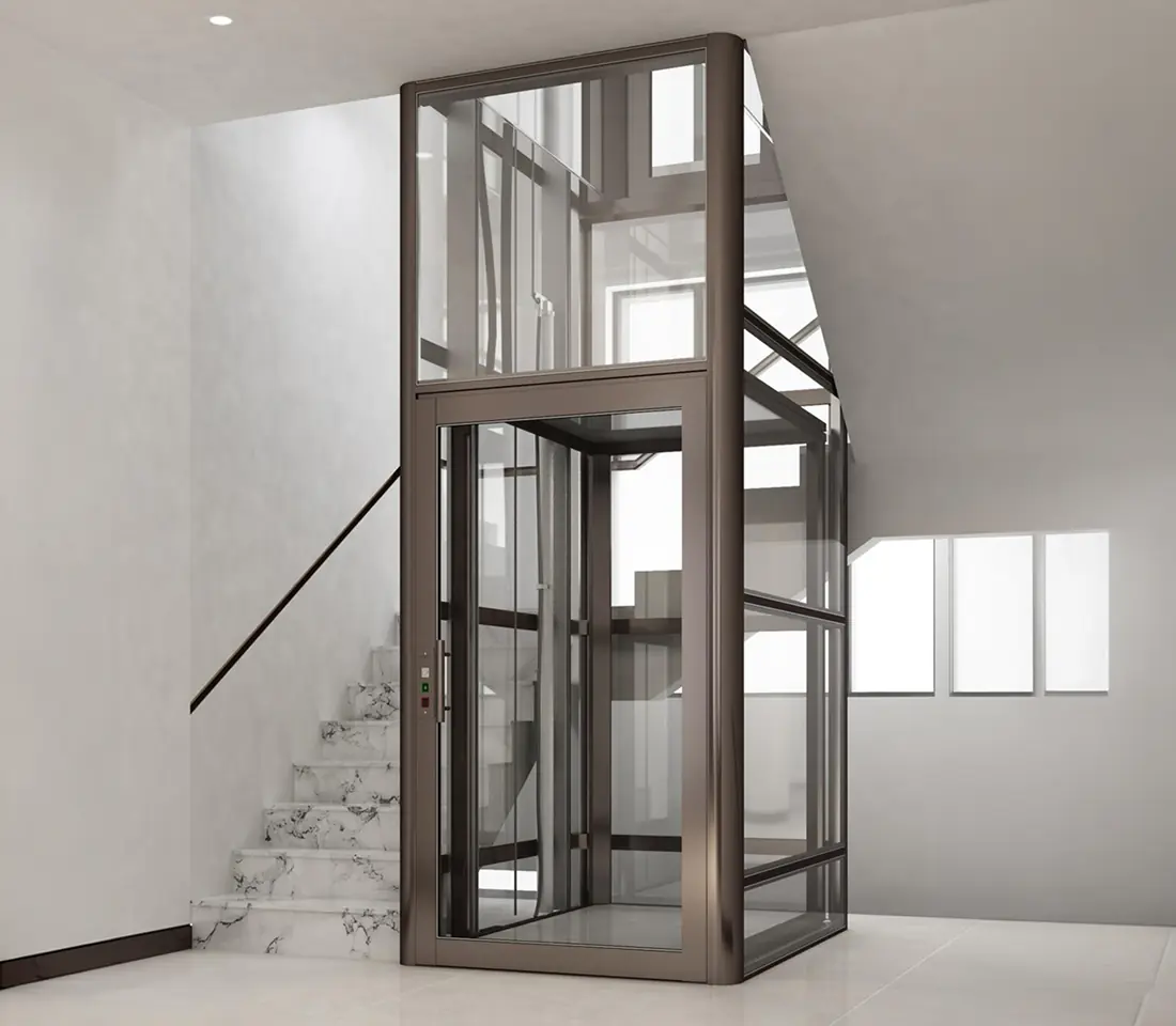 Glass and stainless steel elevator shaft standing open in an open plan living room next to a wood railed staircase.