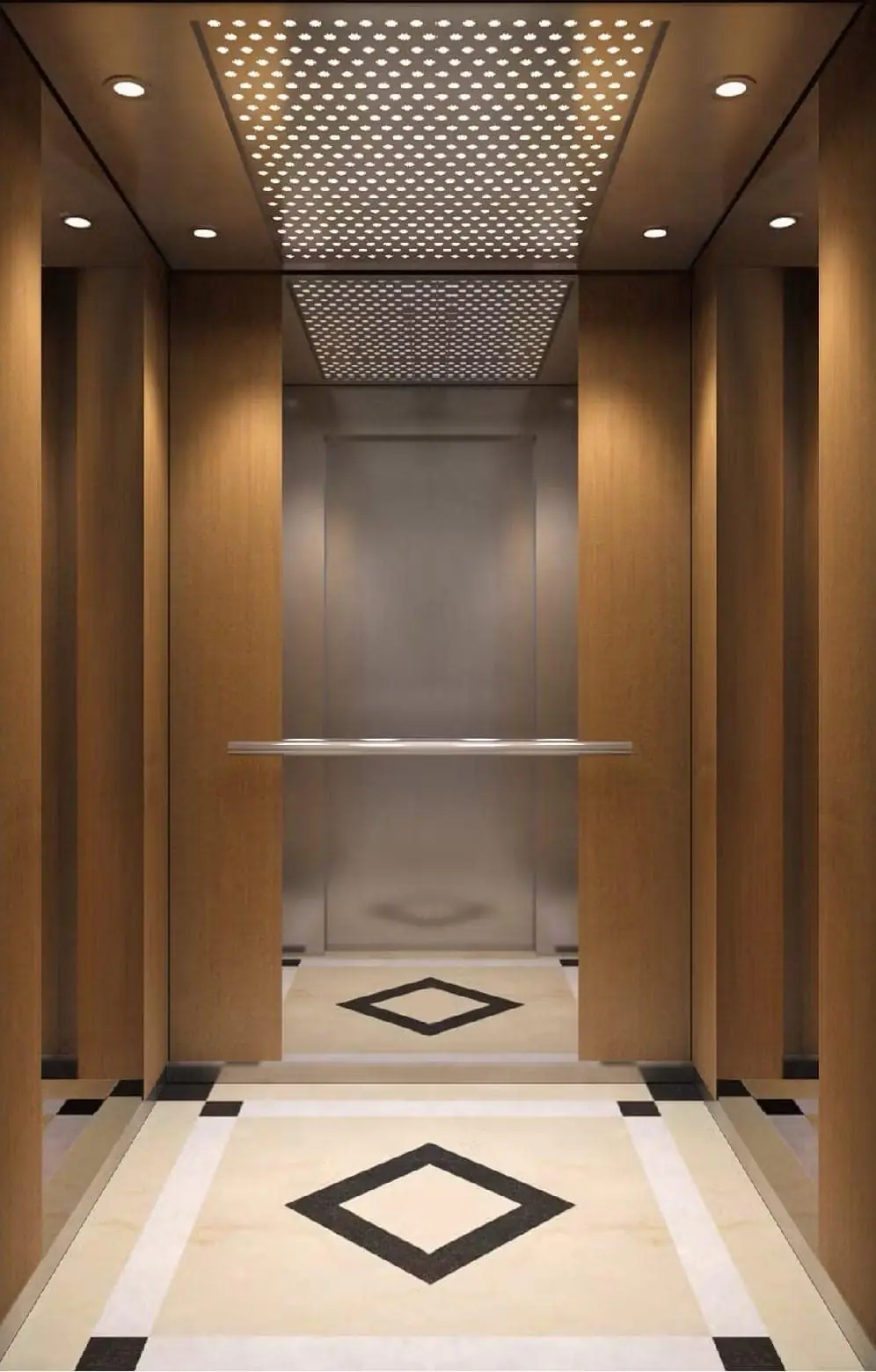 A warm wood panelled lift lobby with a perforated backlit ceiling and marble diamond inlay flooring leading to the closed brushed steel CASTOR car doors.