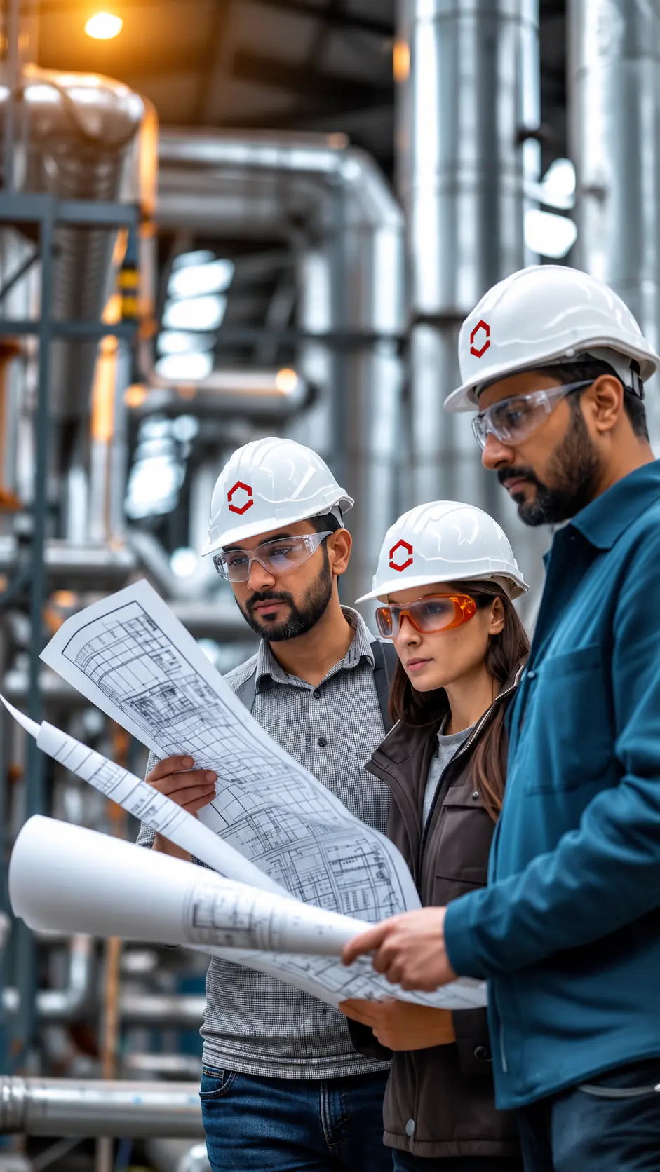 Overhead engineers reviewing fabrication drawings on the floor