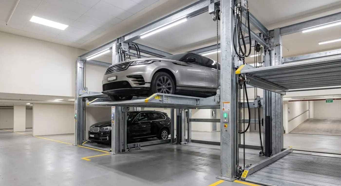 Silver Range Rover Velar parked on the upper platform of a two post lift above a black SUV in an indoor garage bay.