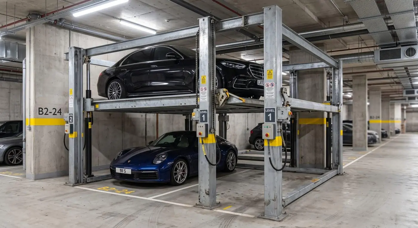 Black Mercedes sedan raised on the upper level of a two post lift above a blue Porsche 911 in a basement garage bay.