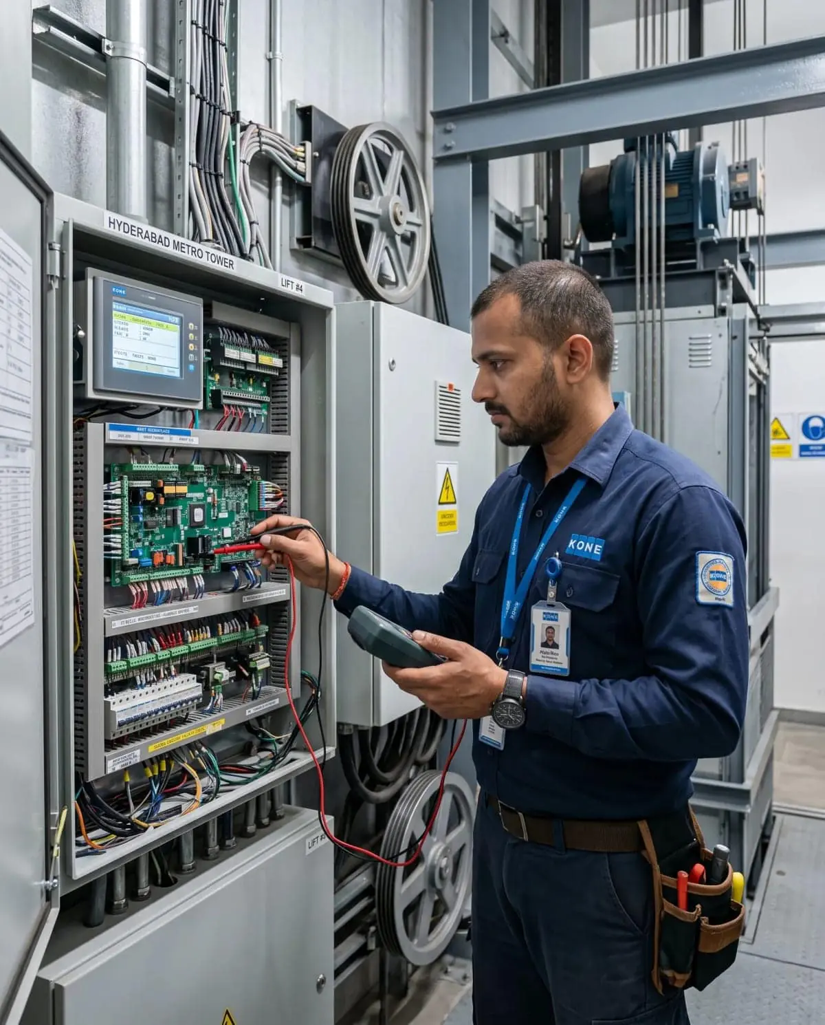 Technician servicing a lift controller