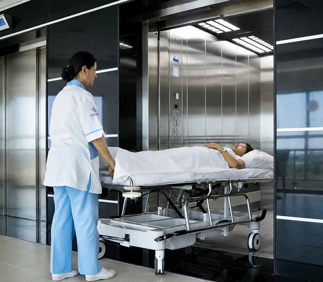 A nurse in a white coat and blue scrubs wheels a patient on a gurney toward the open doors of a mirrored stainless steel bed lift.