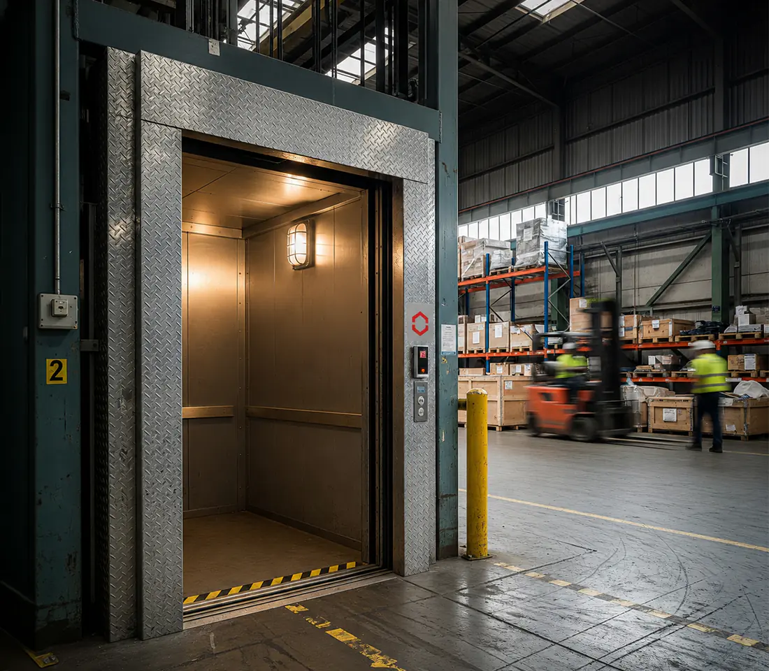 A freight lift car with a checker plate steel door frame stands open in a warehouse, a forklift and workers in high visibility vests moving palletised goods in the background.