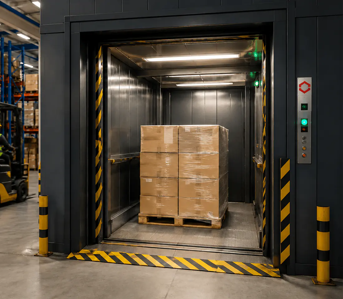 A freight lift car with a checker plate steel door frame stands open in a warehouse, a forklift and workers in high visibility vests moving palletised goods in the background.
