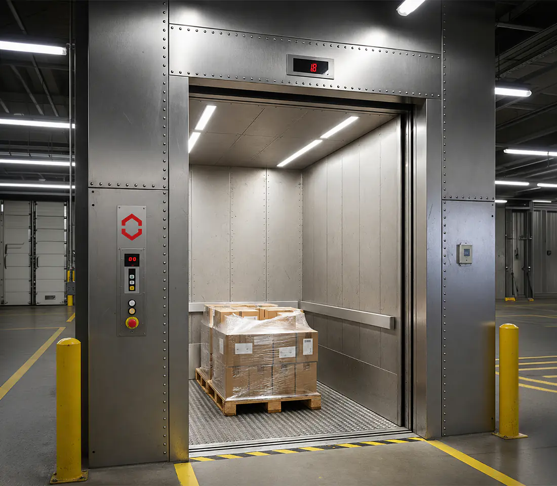 Freight elevator, operator loading heavy palletised goods